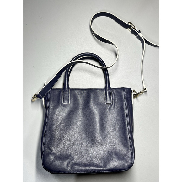 Talbots Crossbody Leather Tote Shoulder Bag Navy Blue Handbag Purse Bow Zip Top - Picture 2 of 9